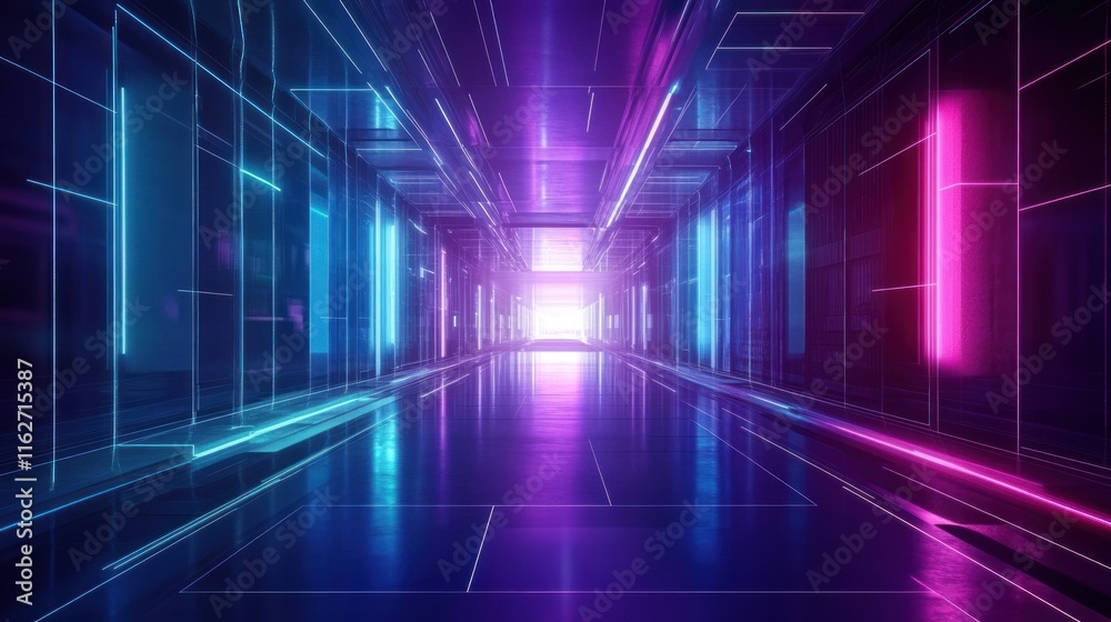 Aufkleber A futuristic corridor illuminated by vibrant neon lights, creating a sci-fi atmosphere.