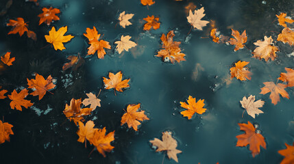 Delikatnie unoszące się jesienne liście na powierzchni spokojnego leśnego strumienia, tworzącego malowniczy krajobraz pełen melancholii i uroku jesieni.
