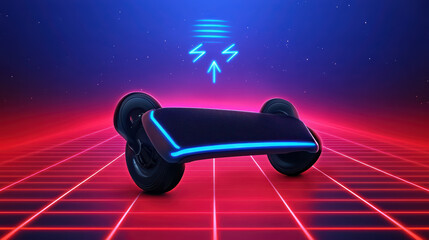close up of hoverboard gliding effortlessly in vibrant neon setting, showcasing its sleek design and futuristic appeal