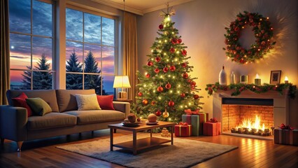 Fototapeta premium Blurred Modern Living Room for Christmas with Soft Focus Tree and Presents