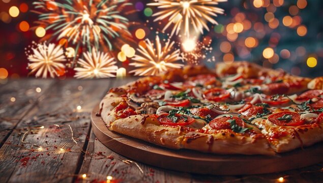 Delicious pizza with festive fireworks backdrop. Perfect for celebrations!