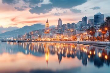 Obraz premium A panoramic view of Izmir skyline at night, with city lights reflecting on the Aegean Sea