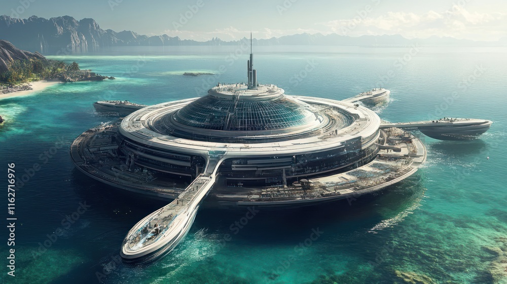 Poster a futuristic floating structure surrounded by water and mountains.