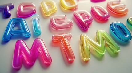 Fototapeta premium Colorful translucent letters scattered on a white background.