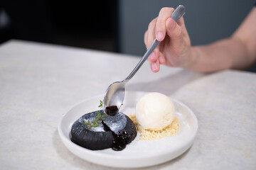 Fudge Chocolate brownie lava with vanilla ice cream dessert homemade