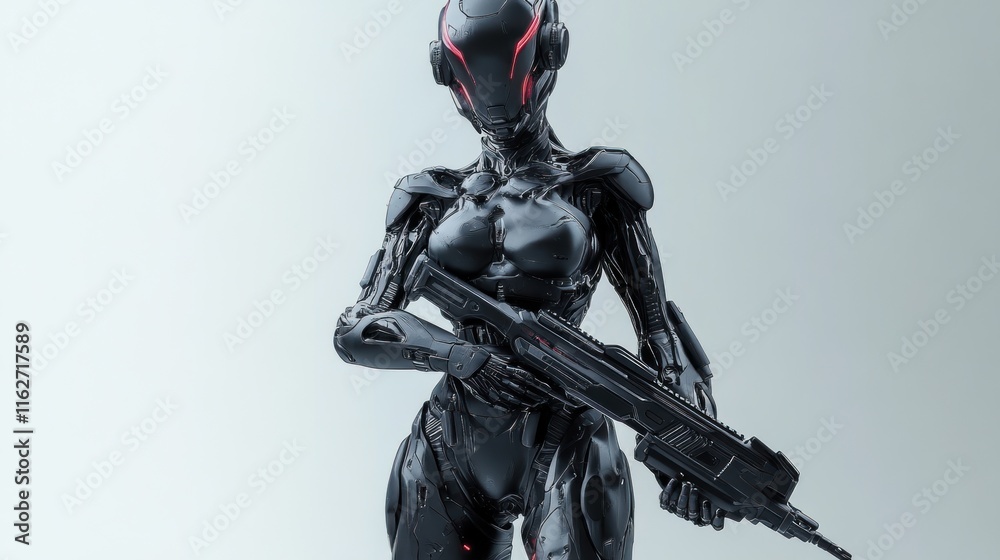 Poster a futuristic humanoid robot holding a weapon, showcasing advanced technology and design.