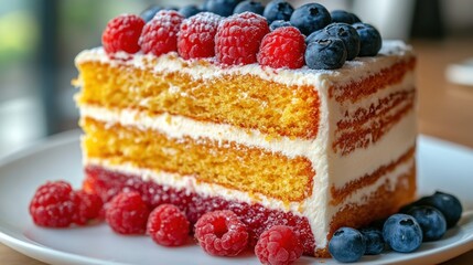 Delicious three-layered cake with raspberries and blueberries.