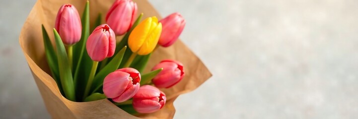 Obraz premium A bouquet of pink and yellow tulips wrapped in brown paper, organic, paper, tulip bouquet