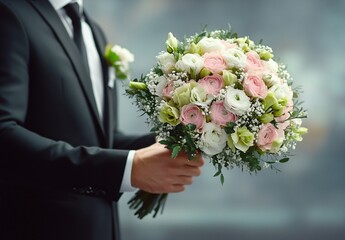 Elegant Wedding Bouquet: Pink, White & Green Roses, Ranunculus & Baby's Breath