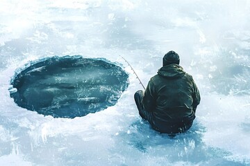 Fisherman sits patiently on a frozen lake, his fishing rod extended over a small, dark hole cut into the ice, waiting for a bite in the serene winter landscape