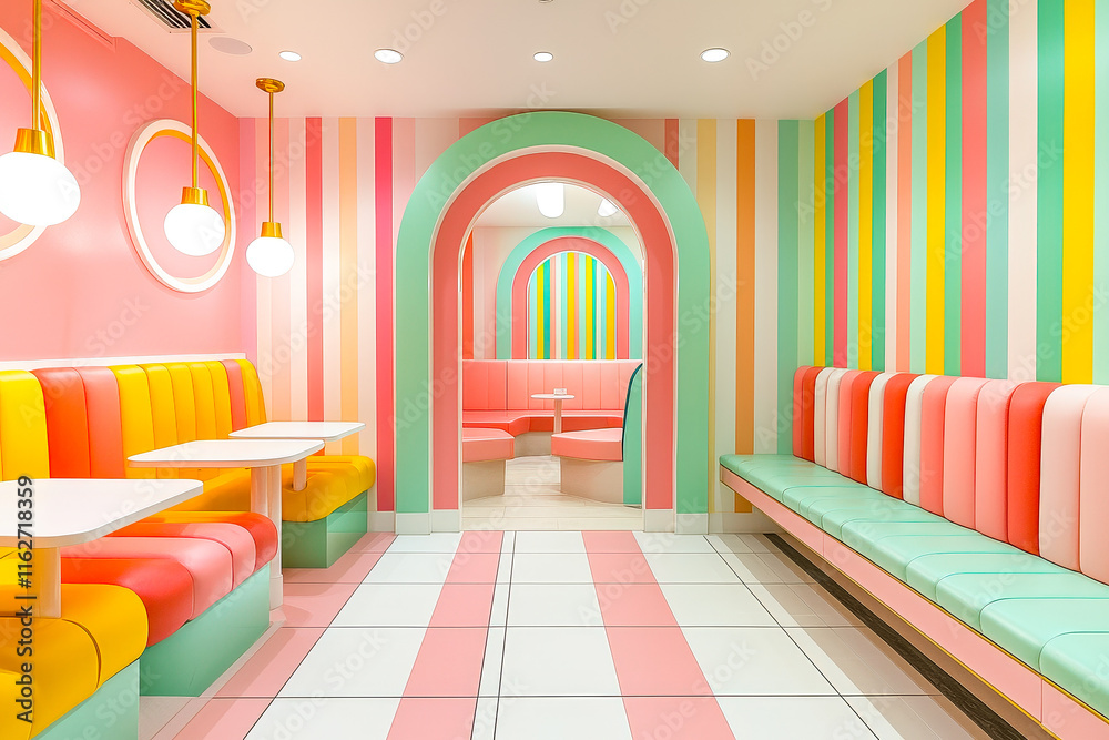 Poster vibrant striped walls and playful seating create a cheerful atmosphere in this colorful cafe designe