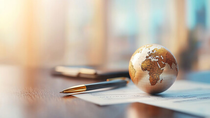 globe and pen on paperwork symbolize international relocation