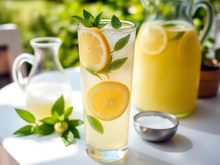 Fototapeta premium tall glass of iced lemonade with slices of lemon and fresh mint leaves inside