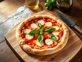 freshly baked Margherita pizza with a golden-brown crust, melted mozzarella cheese, fresh basil leaves, and tomato sauce