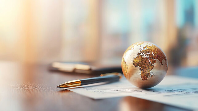 globe and pen on paperwork symbolize international relocation