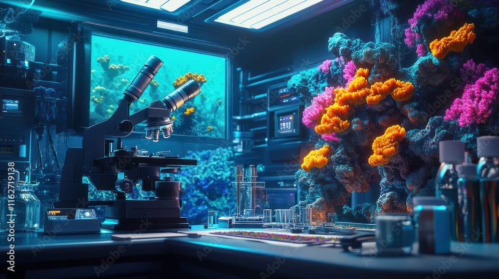 Poster a futuristic laboratory with a microscope and vibrant coral structures.