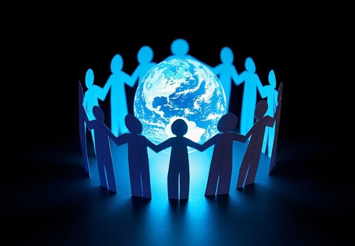 Global Unity: Paper People Circle Earth, World Collaboration Concept