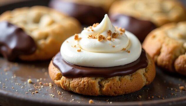 Chocolate-dipped cookies with whipped cream frosting, rich, icing, chocolate dipped cookies