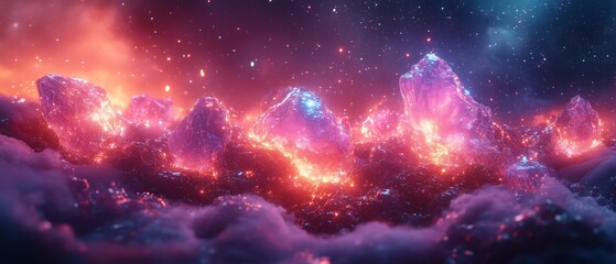 Obraz premium Floating glass-like shapes illuminate a dreamlike landscape with vivid neon hues in a mysterious environment at twilight