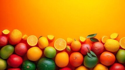 Obraz premium Vibrant assortment of citrus fruits arranged on a bright yellow background