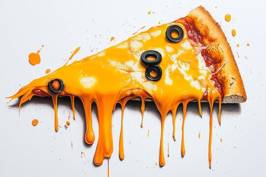 A playful depiction of a slice of pizza with exaggerated toppings and melted cheese on a white background