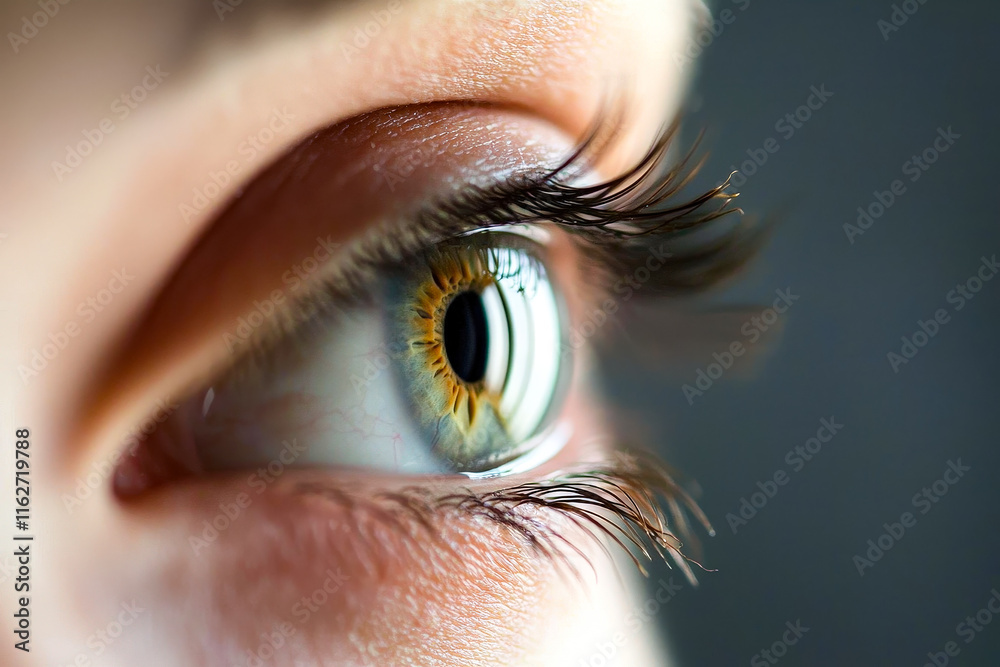 Poster the close-up view captures vibrant colors and intricate details of a human eye illuminated by soft n