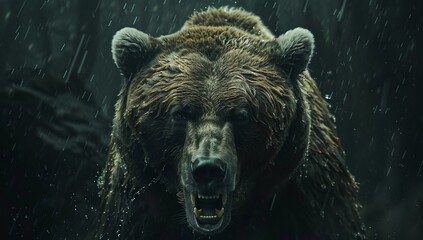 Grizzly bear in the rain, showing teeth, dark moody tones.