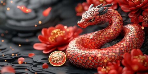 An intricate design of a Chinese zodiac snake with intricate patterns curling gracefully around a red coin symbol of fortune. The golden scales shimmer with luck, set in a festive environment.