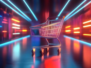 Shopping trolley showcase neon aisle digital art reflective environment centered view futuristic concept