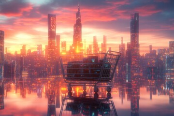 Fototapeta premium Futuristic scene empty metal cart skyscraper city digital art reflective surface aesthetic viewpoint