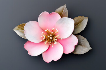 A beautifully crafted pink flower with delicate petals and intricate leaves showcases artistry, set against a dark background