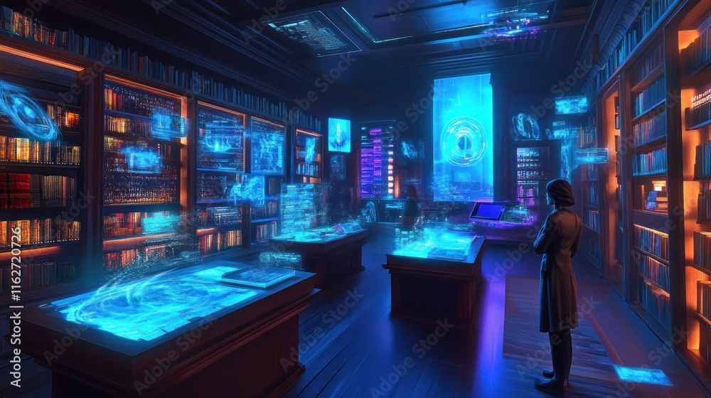 Poster A futuristic library featuring holographic displays and advanced technology.