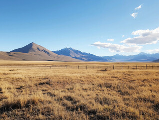Obraz premium Vast Grasslands and Mountain Range Under Clear Sky