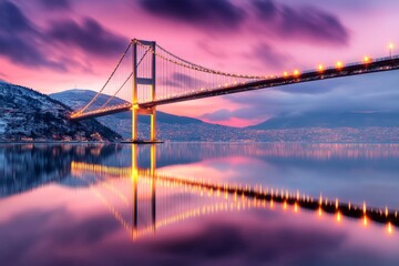 Fototapeta premium A serene image of the Bosphorus Bridge at night, with glowing city lights reflecting on the water