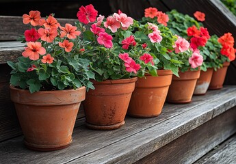 Vibrant Pink and Orange Geraniums in Terracotta Pots on Wooden Steps
