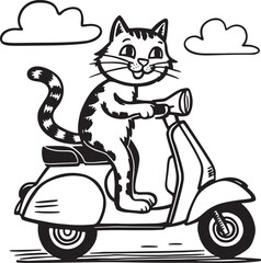 Cat riding a motorbike vector illustration. Black and white outline coloring book or page for children