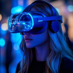 Naklejka premium Woman exploring Christmas with VR and holograms