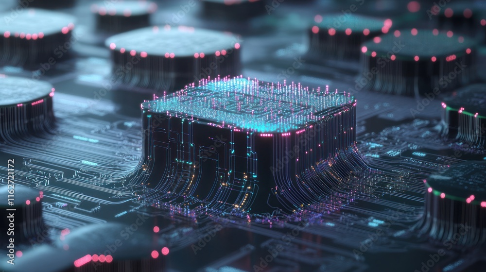 Poster A futuristic microchip design with intricate circuitry and glowing elements.