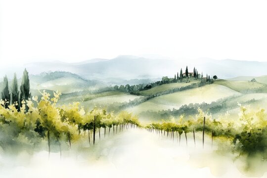 A serene watercolor of a Tuscan vineyard, with gentle strokes capturing rolling hills and vibrant grapevines