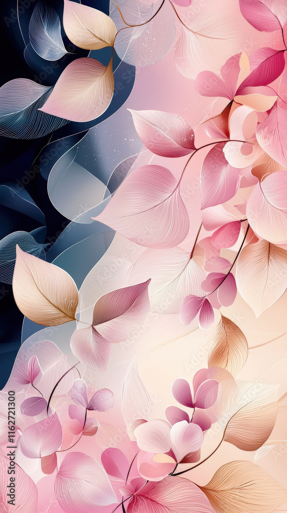 Poster delicate floral patterns in soft pink and blue gradients create a serene and artistic atmosphere, sh