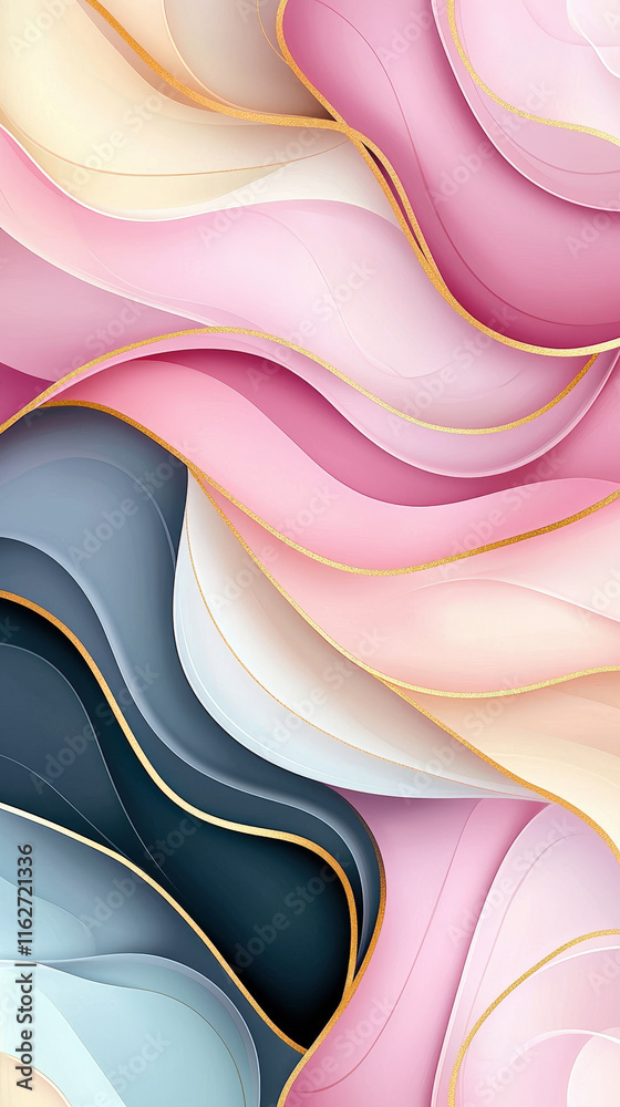 Poster soft wavy layers of pink, gray, and cream intertwine, enhanced by delicate golden lines in a captiva