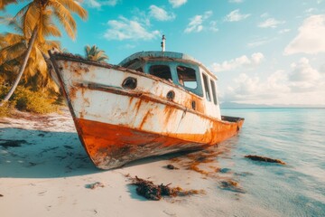 A shipwrecked vessel leaning against the shore of a deserted island, half-covered by sand and overgrown vines