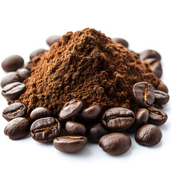 Pile of Freshly Ground Coffee Surrounded by Roasted Coffee Beans on a White Background
