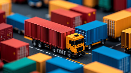 Busy distribution center with colorful shipping containers and trucks