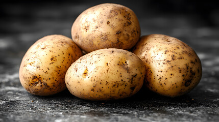 A Pile of Freshly Harvested Potatoes with Soil Residue on a Rustic Dark Surface and Blurred Background