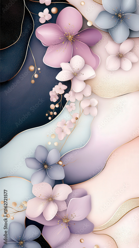Poster Beautiful floral patterns with pastel hues intertwine, creating a harmonious and modern aesthetic suitable for various decor settings
