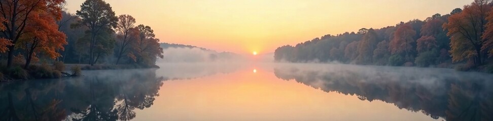 Obraz premium Foggy morning on a tranquil autumn lake at sunrise, nature, fog, serene