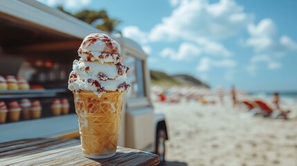 Retro beach vacation vibes Old-fashioned ice cream truck parked