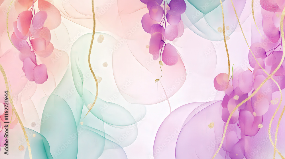 Poster bright and airy artwork displays fluid shapes in pastel colors with hints of floral elements, creati