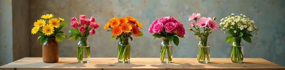 Fototapeta premium Fresh flowers in a wooden vase on a natural wooden table, table, arrangement